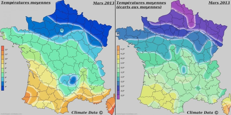 Températures moyennes France mars 2013