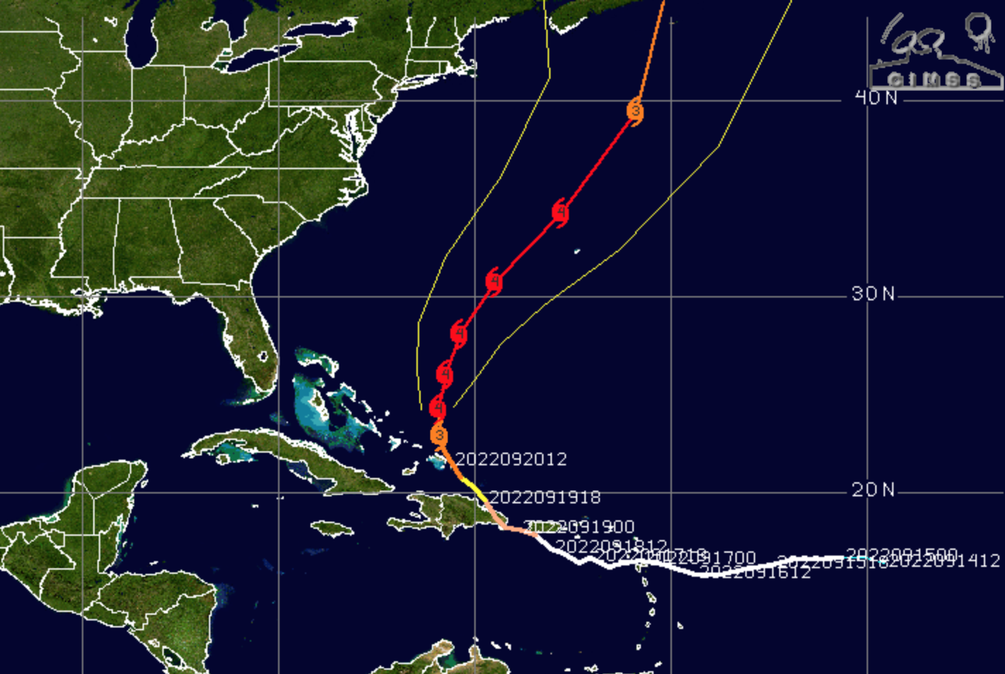 Fig. 1: Trajectoire prévue de l'ouragan FIONA (Cimss)