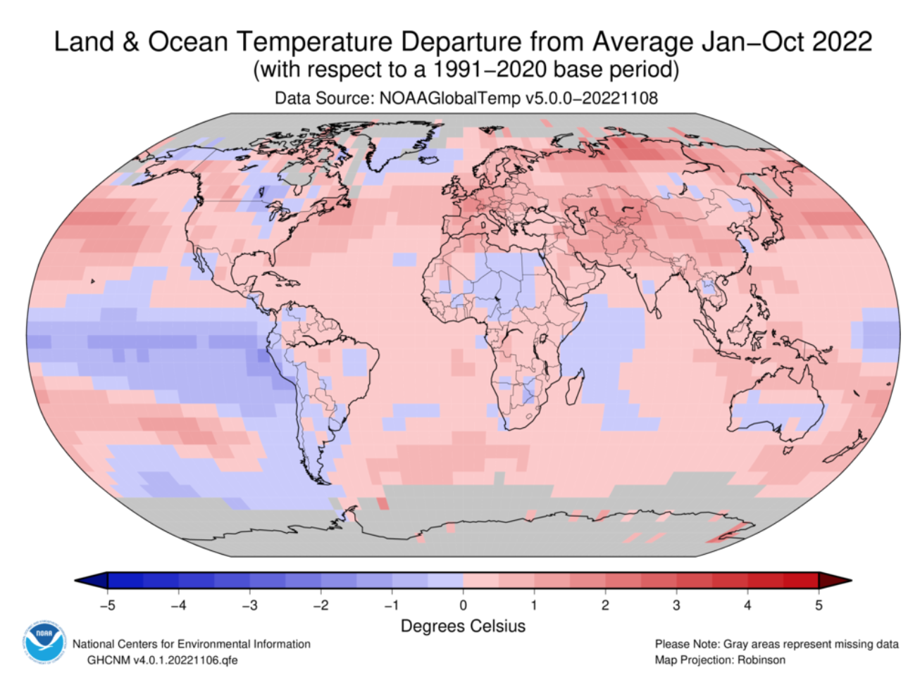 Fig. 1: Anomalies thermiques dans le monde sur la période janvier-octobre 2022